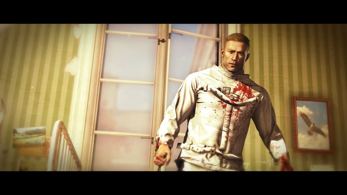 Wolfenstein: The New Order (Windows) screenshot: Our hero, B.J. Blazkowicz, awakens in 1960, during a violent purge of the asylum/hospital he was in ...