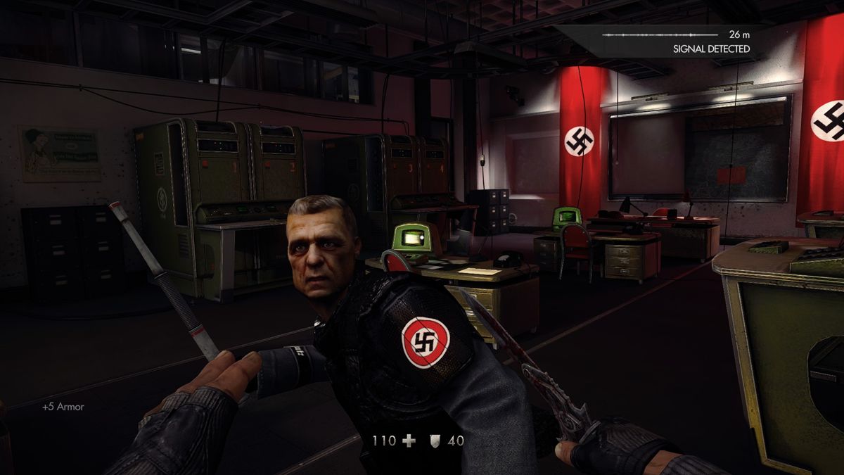 Wolfenstein: The New Order (Windows) screenshot: This guy looks rather worried. I wonder why?