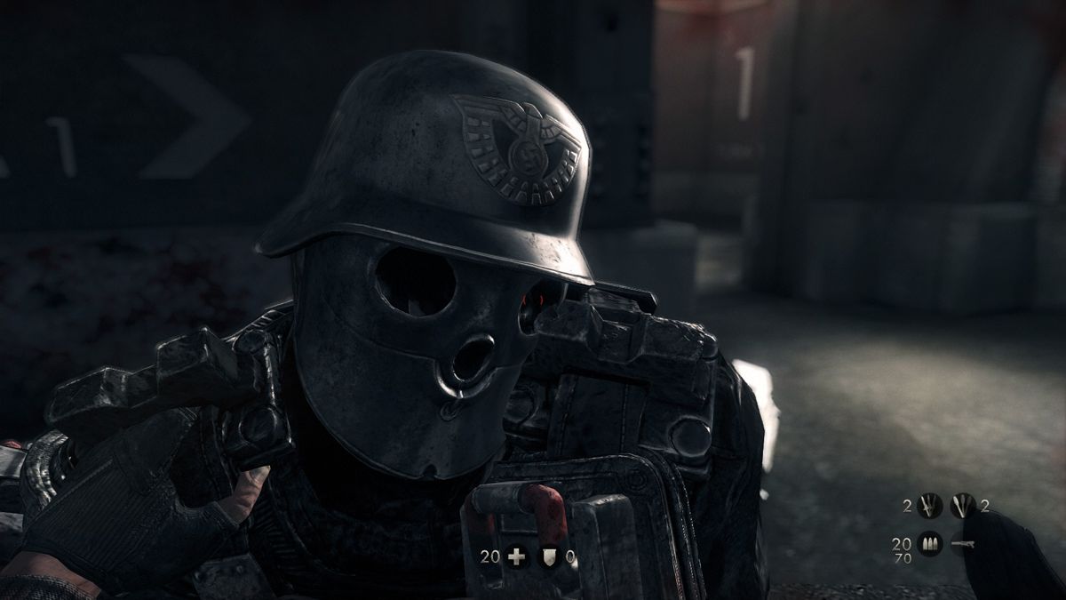 Wolfenstein: The New Order (Windows) screenshot: Up close and personal with an armored Nazi.