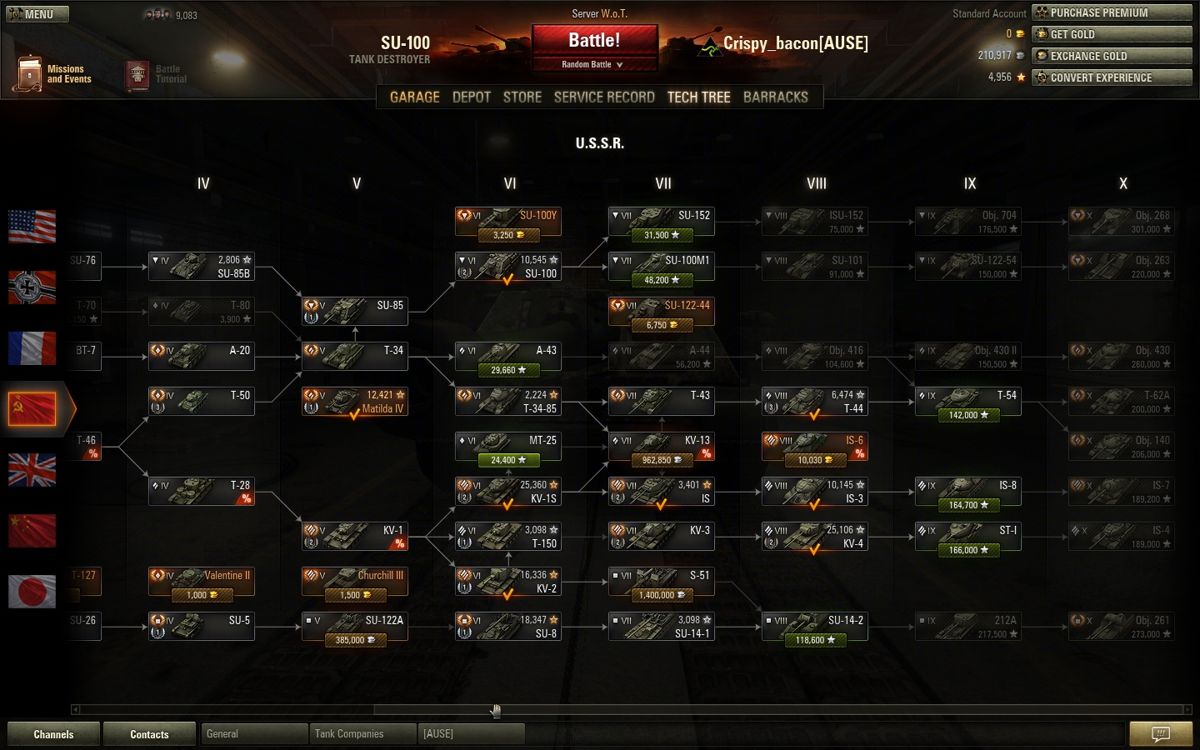 World of Tanks (Windows) screenshot: There are now 7 nations: US, Germany, USSR, UK, France, China and Japan. Compare this to screenshot 11!