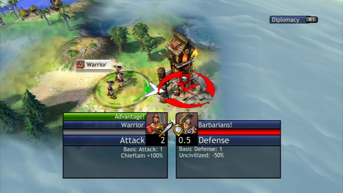 Sid Meier's Civilization: Revolution (PlayStation 3) screenshot: Attacking a barbarian outpost.