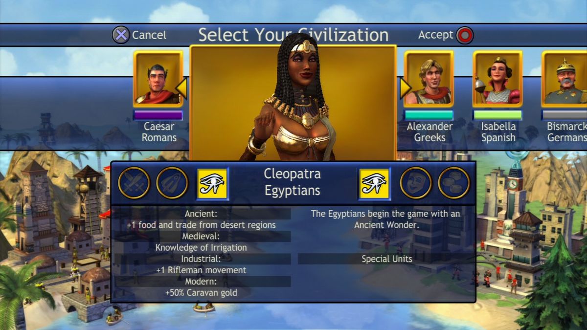 Sid Meier's Civilization: Revolution (PlayStation 3) screenshot: Civilization selection, Egyptians.
