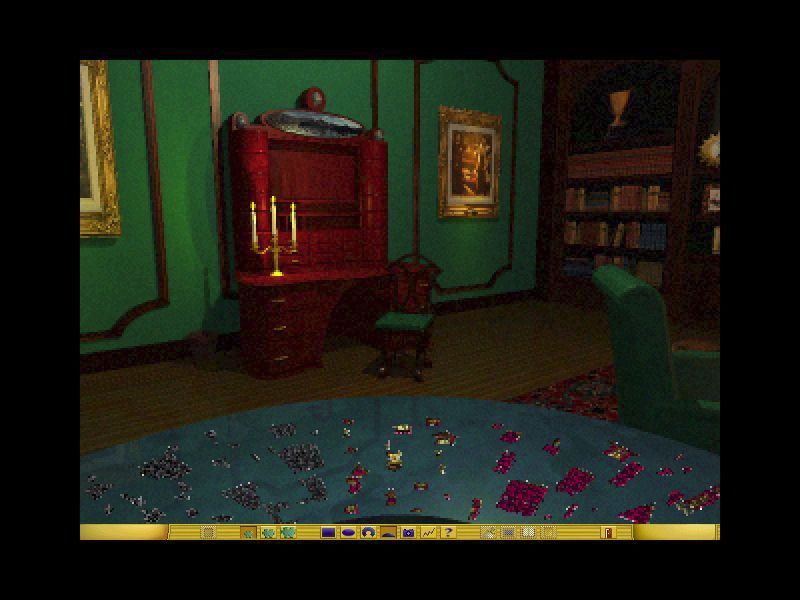 Puzz 3D: Victorian Mansion (Windows) screenshot: This is the 'room view'. the pieces are laid out on a circular table. It's pretty but it's not much use, ... unless there's something to be seen here that will help solve the mystery