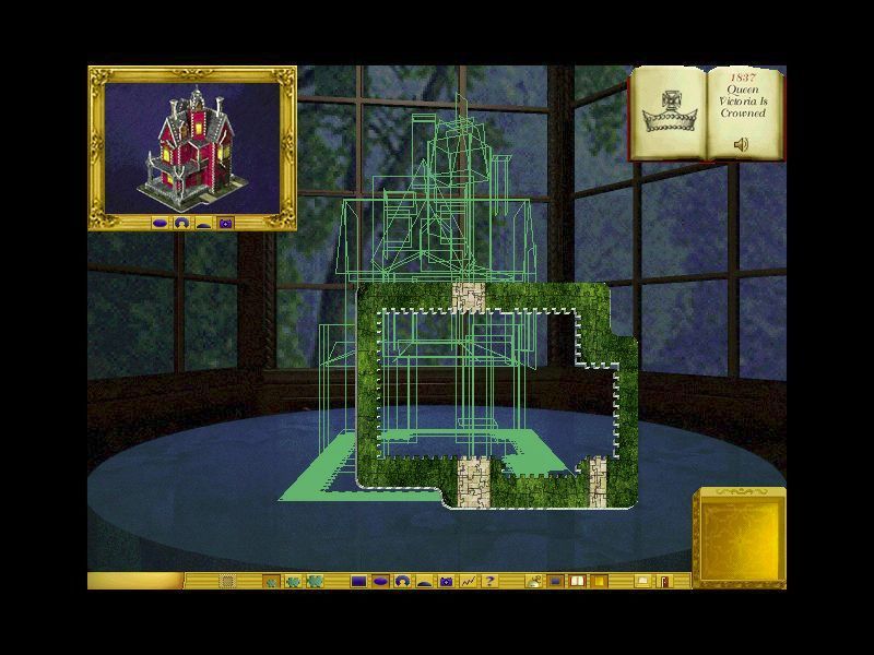 Puzz 3D: Victorian Mansion (Windows) screenshot: The assembly view. When the subsection is dragged from the gold tray into the correct position the outline turns solid green. This is not available in the harder levels