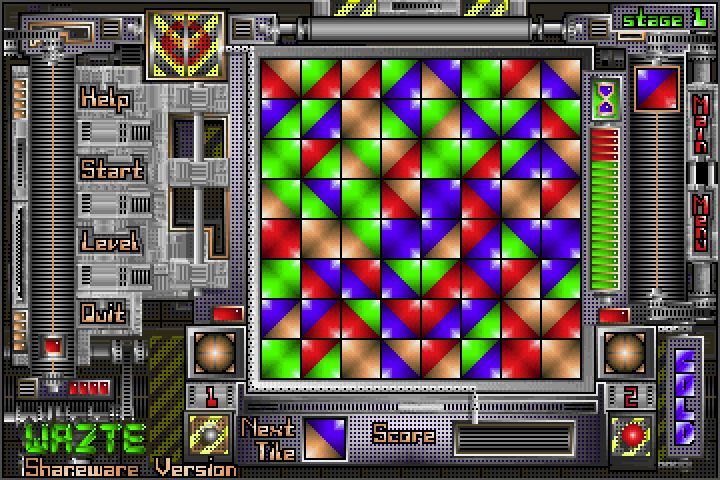 Wazte (DOS) screenshot: A game has just begun. All tiles have been placed so now it's just a case of rotating some so that four corners of the same colour meet