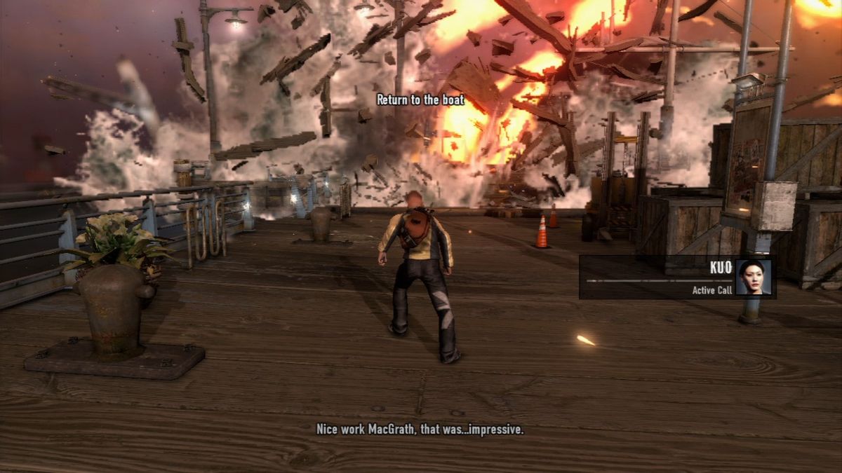 inFAMOUS 2 (PlayStation 3) screenshot: The docks are being blasted away by your conflict with the Beast.