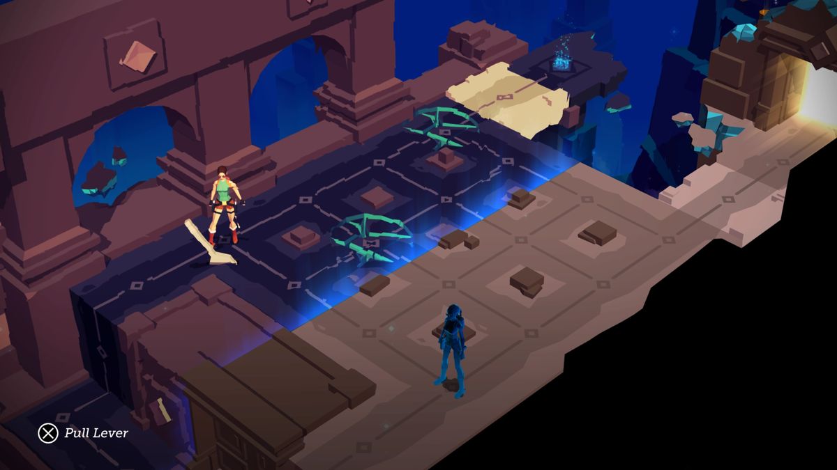 Lara Croft GO (PlayStation 4) screenshot: Switching worlds with your mirror self
