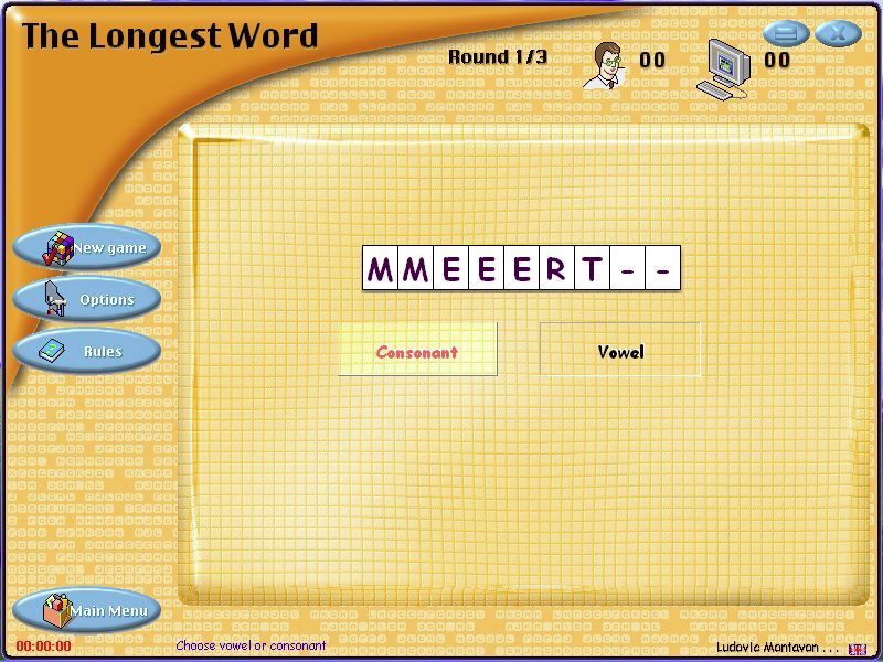 Word Games (Windows) screenshot: The Longest Word. Here the letters are being selected. The status bar at the top of the screen shows this is the first of three rounds