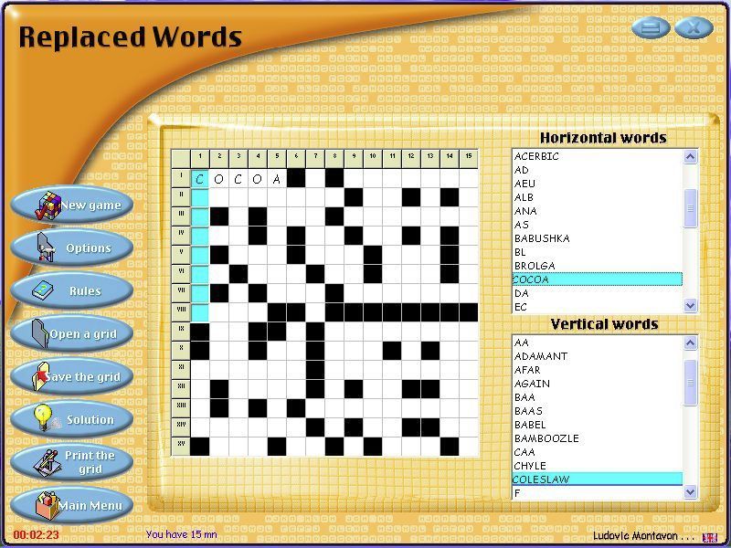 Word Games (Windows) screenshot: Replaced Words. Here the player must deduce the correct placement of all the supplied words