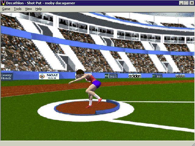 Bruce Jenner's World Class Decathlon (Windows) screenshot: The shot put. Like the discus it's all about timing, click to start the wind up and click to release. This is a practice but the view is the same when in a competition.