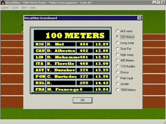 Bruce Jenner's World Class Decathlon (Windows) screenshot: The scoreboard at the end of a decathlon event. The same board can be accessed via the menu bat at any time to show current status for all events.