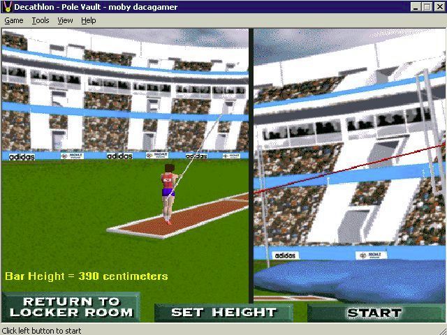 Bruce Jenner's World Class Decathlon (Windows) screenshot: The pole vault starts with a split screen that disappears when the event begins. The player clicks at the right time to plant their pole and at the right time to release and vault over the bar