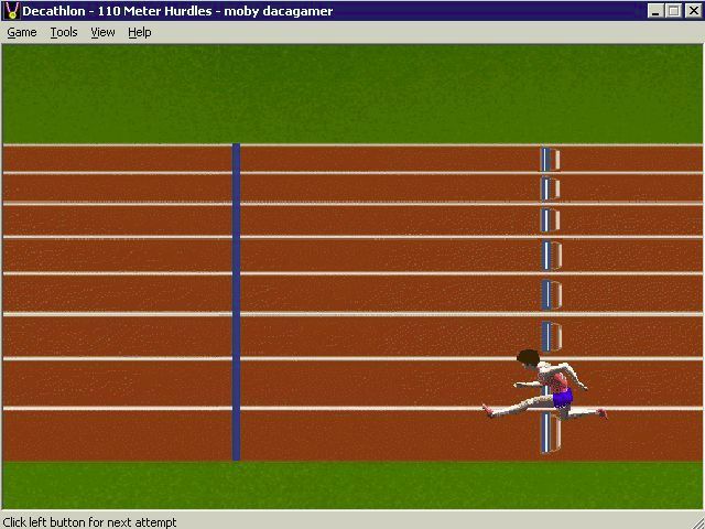 Bruce Jenner's World Class Decathlon (Windows) screenshot: The high hurdles is another event where timing the jumps/mouse clicks is important