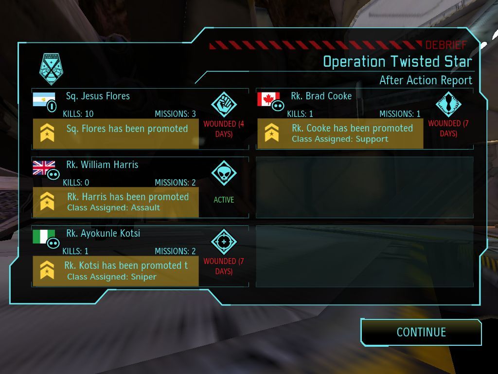 XCOM: Enemy Unknown (iPad) screenshot: Post mission promotions and stats along with days to recovery for wounded