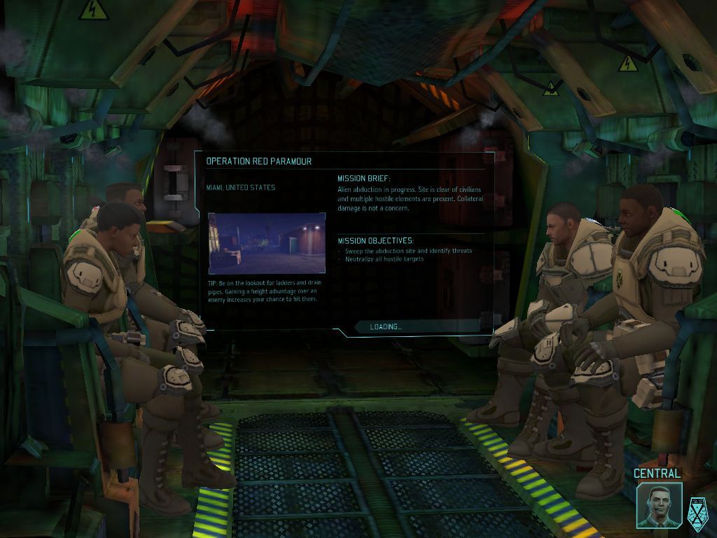 XCOM: Enemy Unknown (iPad) screenshot: In Skyranger in route to abduction site mission planning