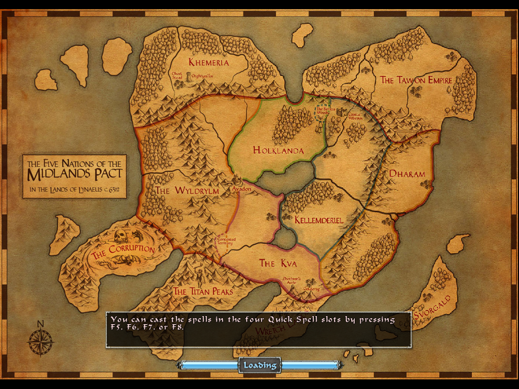 Avadon: The Black Fortress (Windows) screenshot: The map of the continent of Lynaeus is displayed on the loading screen, along with a random playing tip.