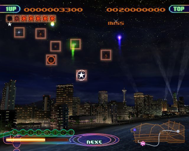 FantaVision (PlayStation 2) screenshot: So here I have connected six orange peony fireworks. Pressing the circle will detonate them