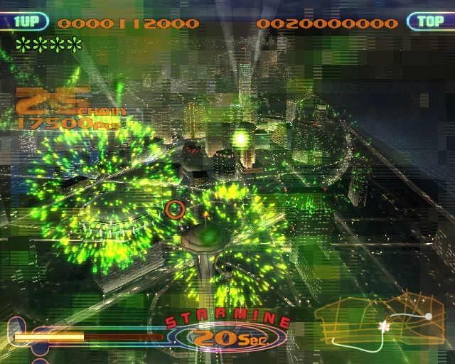 FantaVision (PlayStation 2) screenshot: Playing the STARMINE bonus. At one point the chain was so big that when it detonated the entire screen seemed to be a vivid green. Missed that but this is close