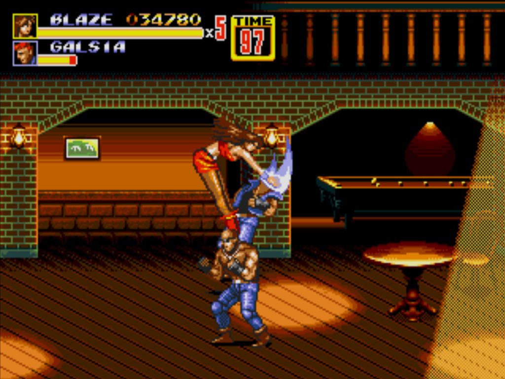 Streets of Rage 2 (Windows) screenshot: Special attack in a bar