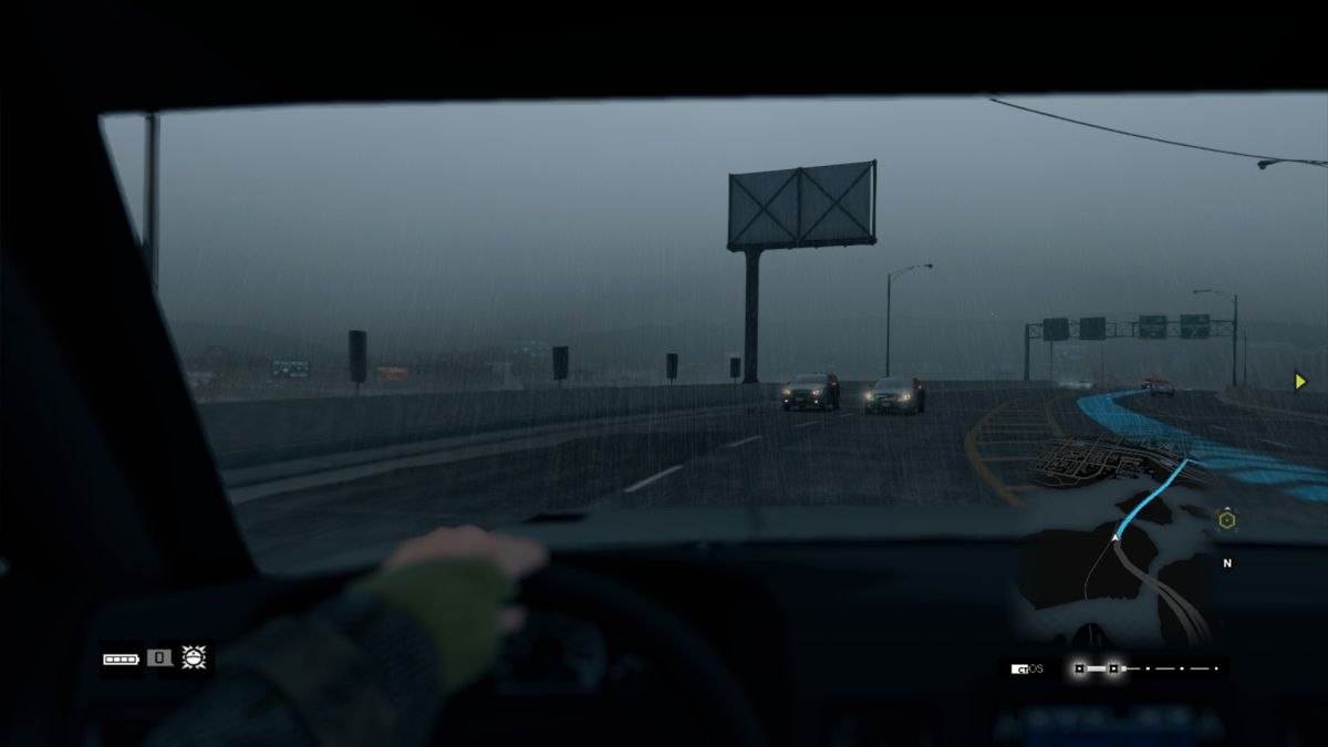 Watch_Dogs (PlayStation 4) screenshot: Driving on the highway, but a bit on the wrong side of the road.