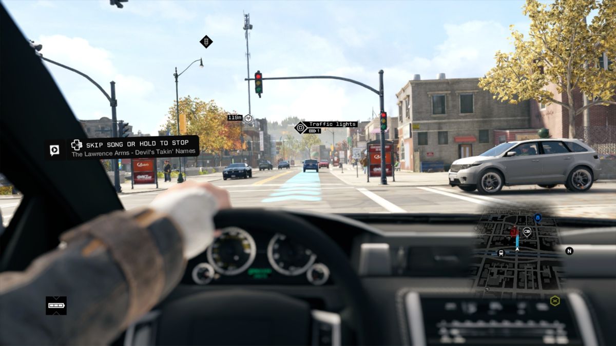 Watch_Dogs (PlayStation 4) screenshot: Driving towards your next destination marked on the map.