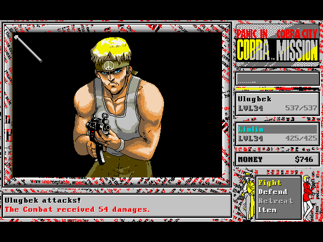 Cobra Mission (DOS) screenshot: A late-game commando enemy attacks! Are you sure this pipe will work?..