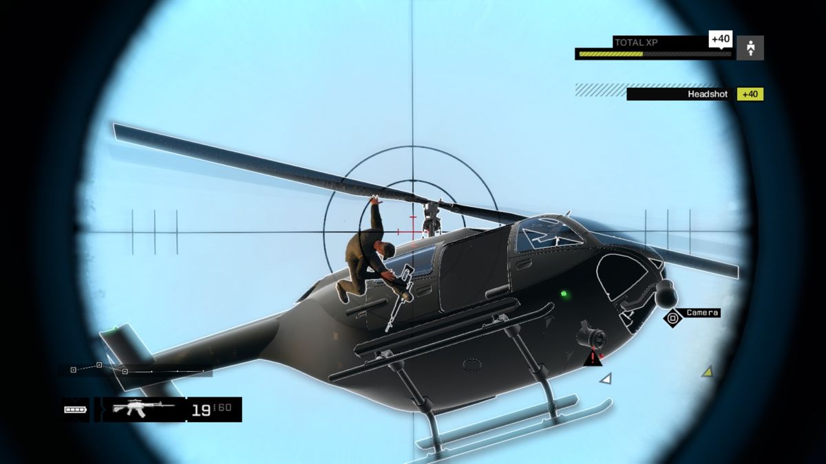 Watch_Dogs (PlayStation 4) screenshot: Taking out the sniper scouting the area from the helicopter.