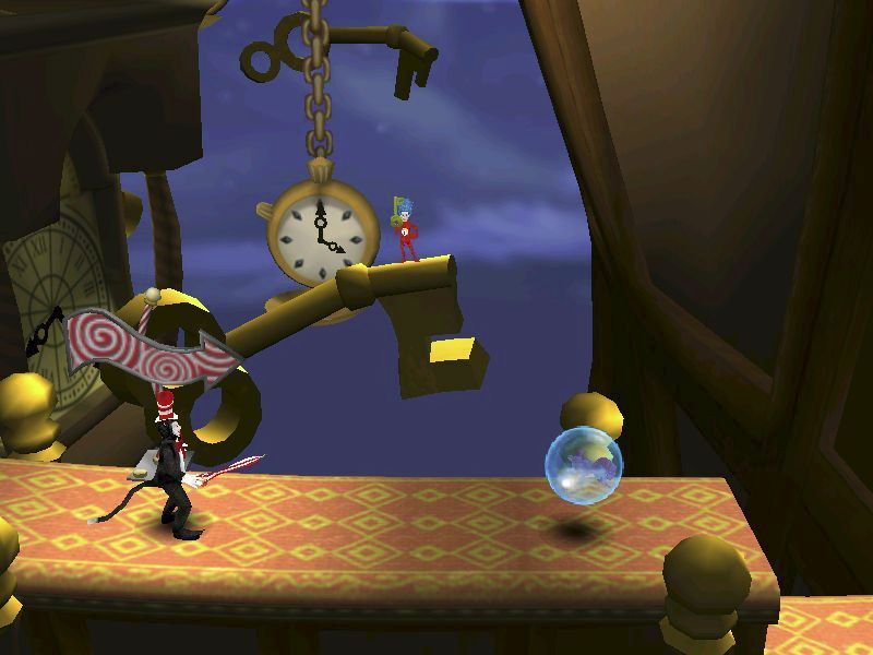 Dr. Seuss' The Cat in the Hat (Windows) screenshot: In the centre of the screen is a Thing which has a key. The cat has just captured a pony and must shoot it at the thing top retrieve the key. Standard ammunition is a bubble which won't work here