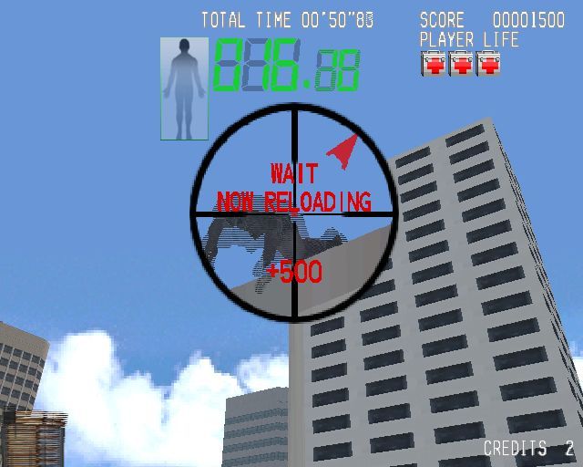 Silent Scope (PlayStation 2) screenshot: Bad guys are everywhere. Shooting upwards is much harder