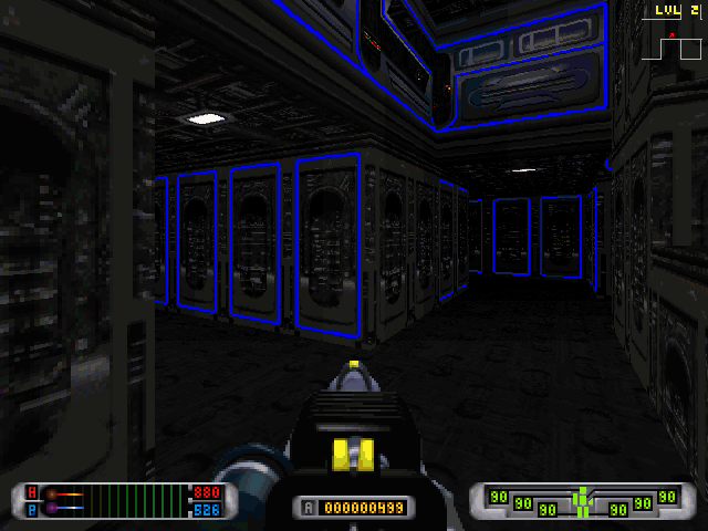 CyberMage: Darklight Awakening (DOS) screenshot: A very cool, high-tech, super-sci-fi-looking dungeon. Ominous flow, and look at my new weapon!..