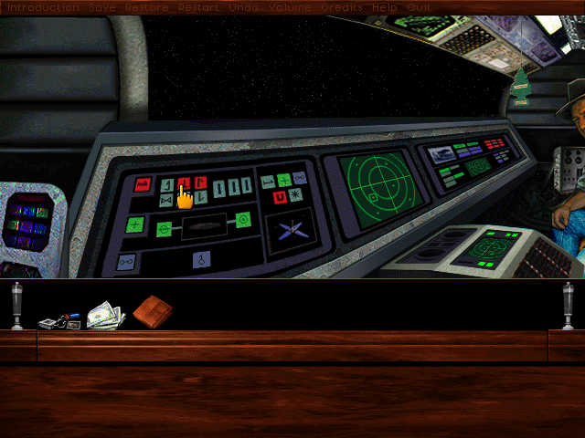 Callahan's Crosstime Saloon (DOS) screenshot: Navigating an actual spaceship! Wow! Can you figure out the controls?..