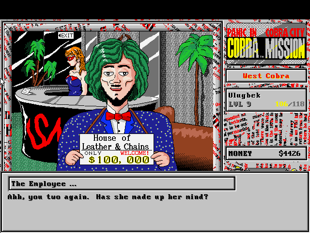 Cobra Mission (DOS) screenshot: Wacky place, wacky character - there are plenty of those here