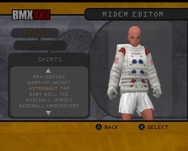 BMX XXX (PlayStation 2) screenshot: Customising the rider. Other options are 'Almost Nude' and 'Suspenders'.