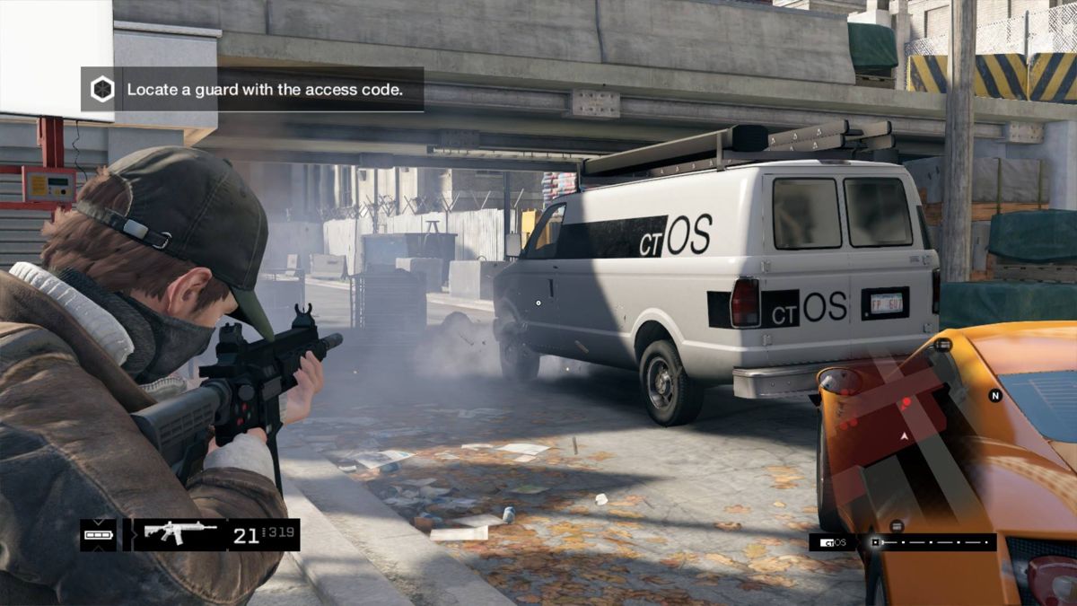 Watch_Dogs (PlayStation 4) screenshot: You can select a stealth approach or go in guns blazing.