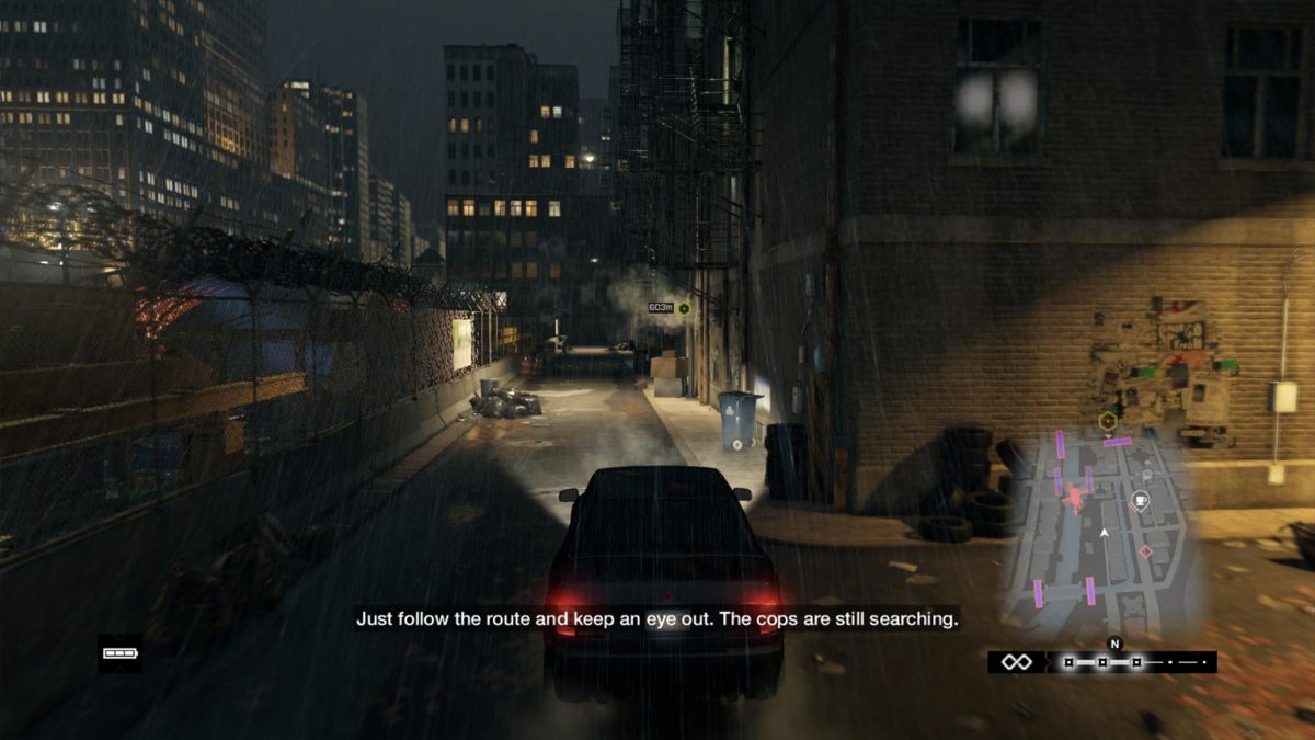 Watch_Dogs (PlayStation 4) screenshot: Taking a job as a driver to take out this guy out into the safe zone, so don't let the police spot you.