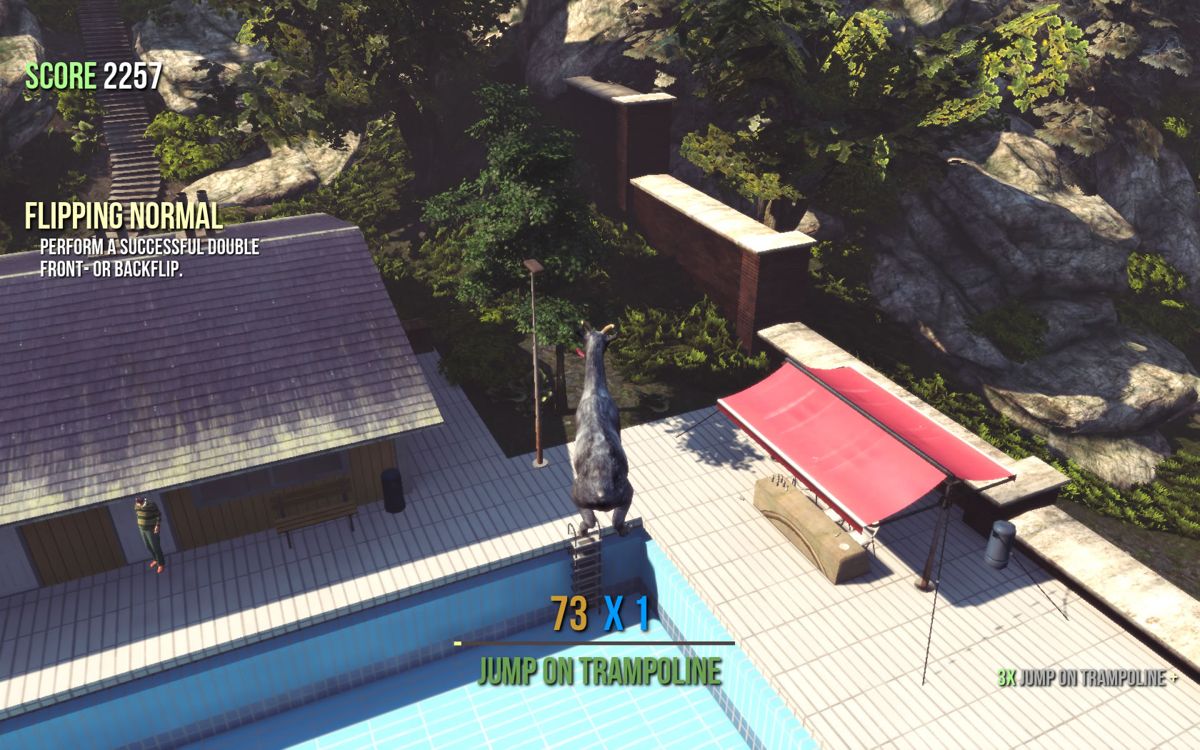 Goat Simulator (Windows) screenshot: Jump on trampolines to get on top of buildings.