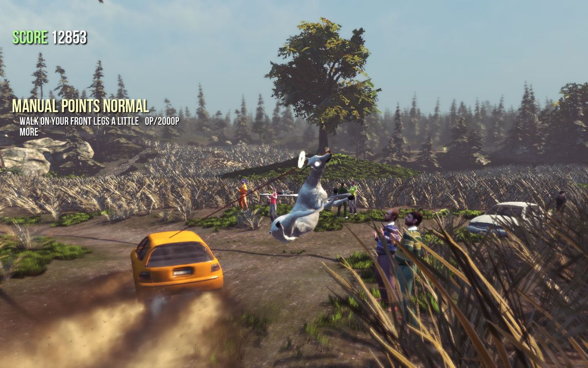 Goat Simulator (Windows) screenshot: The goat is dragged along with its tongue by a drifting hillbilly.