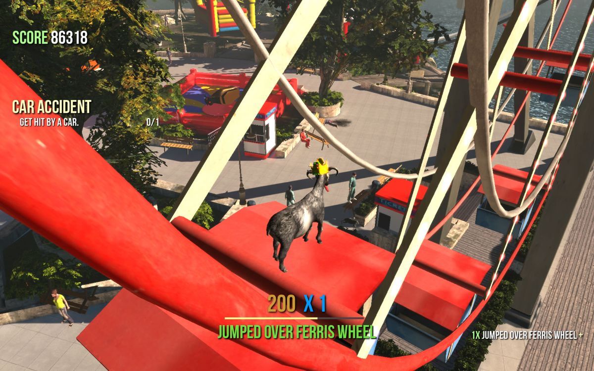Goat Simulator (Windows) screenshot: Riding the ferris wheel.