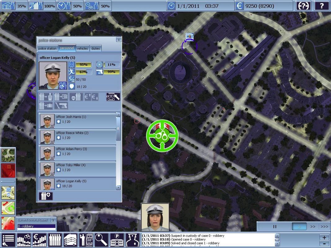Police Simulator (Windows) screenshot: The suspect has been arrested, as is shown by the handcuffs.