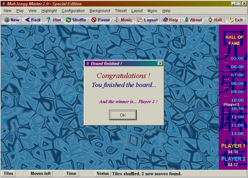 MahJongg Master 2 (Windows) screenshot: The end of a two player game, the winner is the player who took the least time to make their moves.