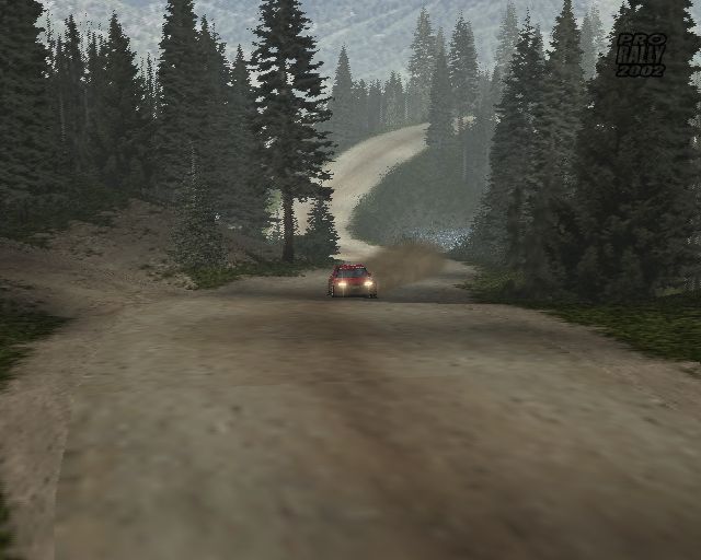 Pro Rally (PlayStation 2) screenshot: Rallying in Sweden in the summer. Nice scenery and water effect though the dust cloud looks a bit too short and too solid