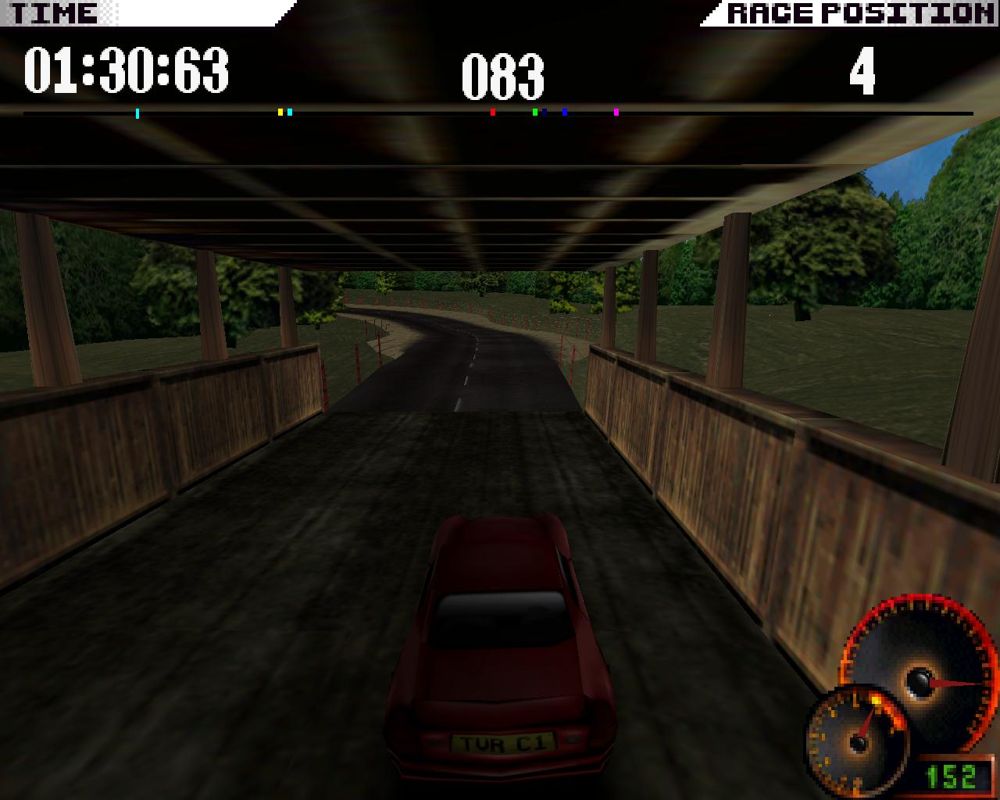 Test Drive 4 (Windows) screenshot: And an even more scenic wooden bridge (3dfx Glide mode)