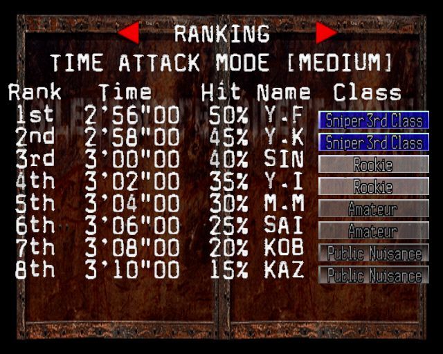 Silent Scope (PlayStation 2) screenshot: There are separate high score tables for all game modes