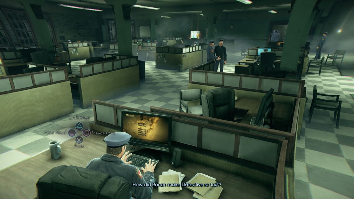 Murdered: Soul Suspect (PlayStation 4) screenshot: Seeing how police officers are playing Deus Ex 3, no wonder they still didn't catch the serial killer.