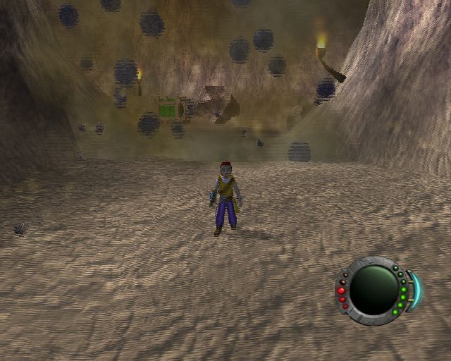 Haven: Call of the King (PlayStation 2) screenshot: The game begins. The player must race through the tunnel, stay ahead of the falling rocks, collect eggs, and leap chasms.