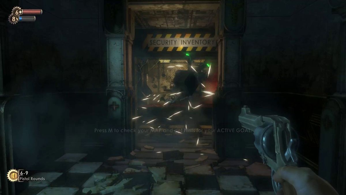 BioShock (Macintosh) screenshot: The hack worked and the security bot is mine