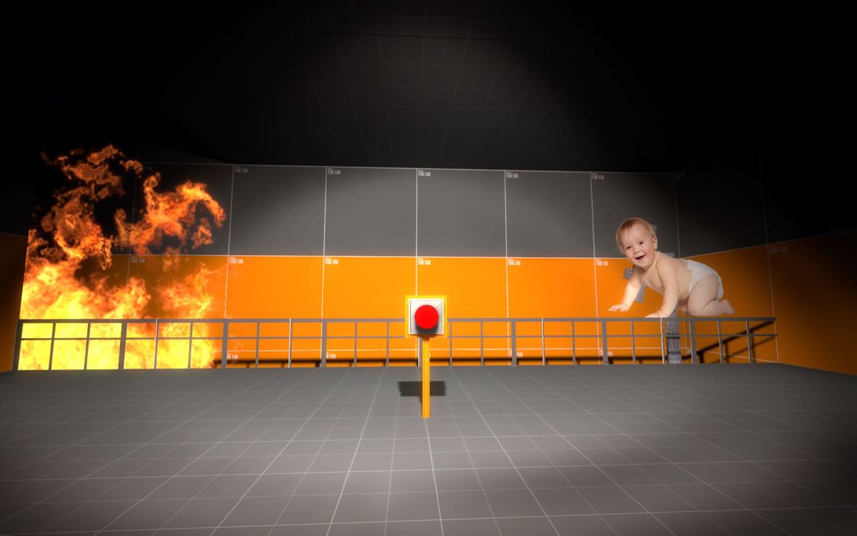 The Stanley Parable (Windows) screenshot: Can you save the baby from the fire?
