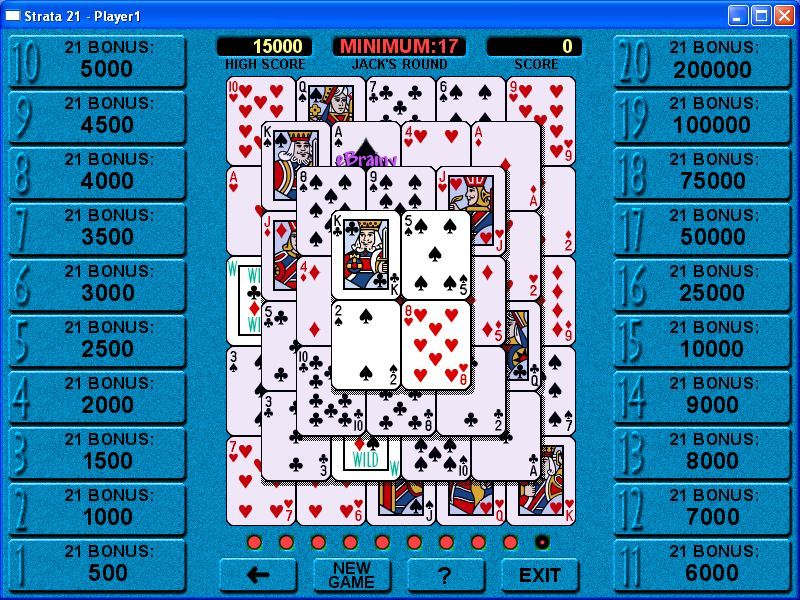 Strata 21 (Windows) screenshot: The cards are dealt in a pyramid formation with just four available at the start. The red dots below the cards are a countdown timer for this round.