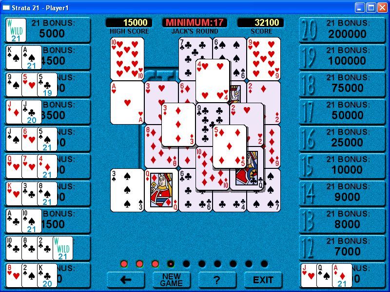 Strata 21 (Windows) screenshot: Part way through the round and many hands have been made up. Where the spot count equals twenty-one the player has scored the associated hand bonus