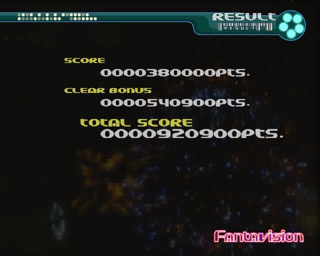 FantaVision (PlayStation 2) screenshot: The second of two end of stage score screens. before Stage two starts the player is given the option to save the game so that it can be replayed.